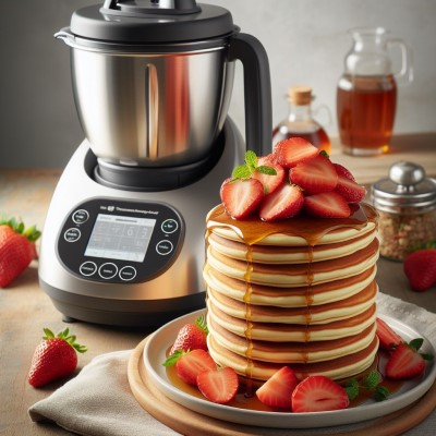 Tortitas hechas en thermomix con fresas en la base y arriba con sirope